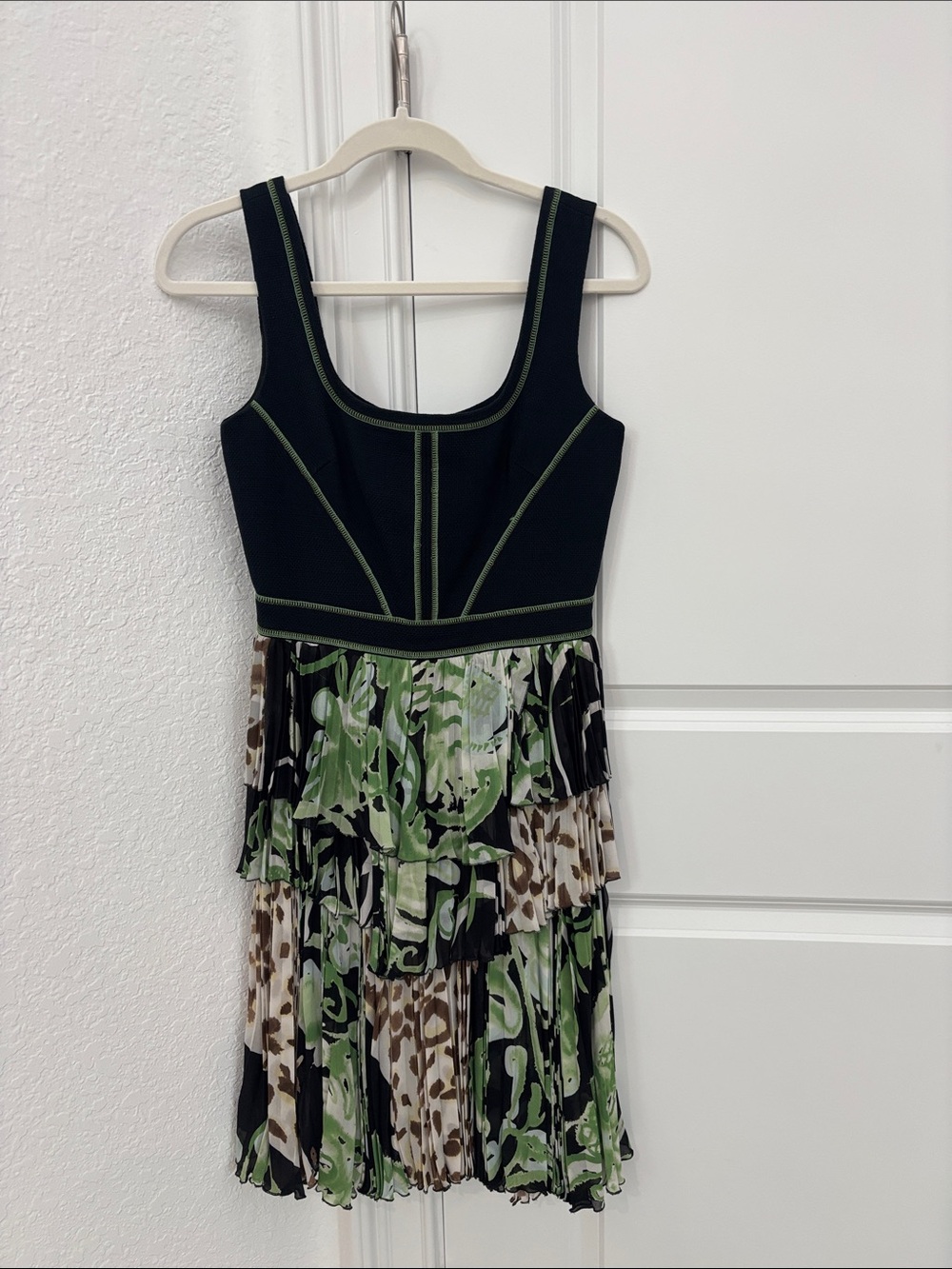 Emilio Pucci Black Bodice Mini Dress with Green & Brown Floral Tiered Skirt